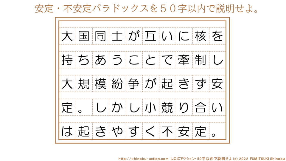 「安定・不安定パラドックス」を５０字以内で説明せよ。【大国同士が互いに核を持ちあうことで牽制し大規模紛争が起きず安定。しかし小競り合いは起きやすく不安定。】５０字以内の要約名人 by 文月しのぶ FUMITSUKI Shinobu