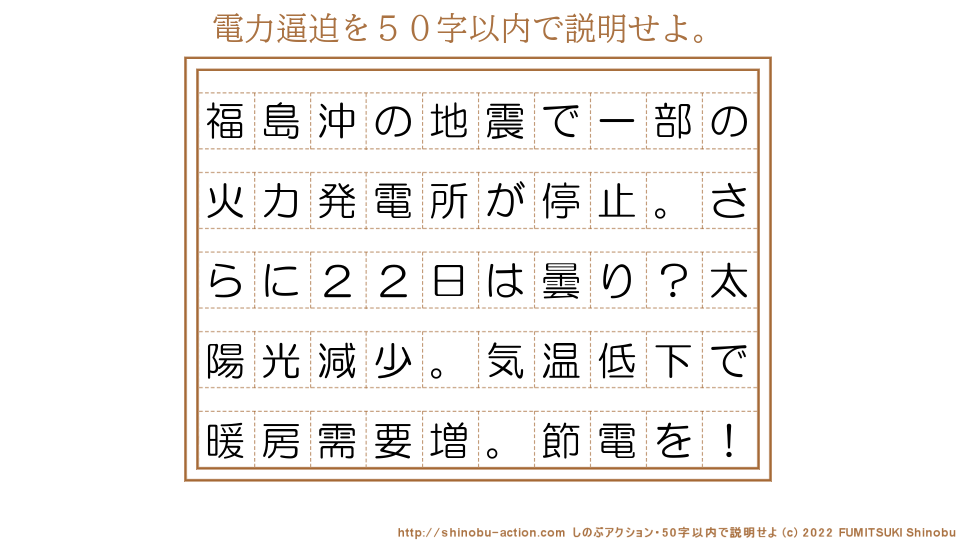 「電力逼迫」を５０字以内で説明せよ。【福島沖の地震で一部の火力発電所が停止。さらに２２日は曇り？太陽光減少。気温低下で暖房需要増。節電を！】５０字以内の要約名人 by 文月しのぶ FUMITSUKI Shinobu
