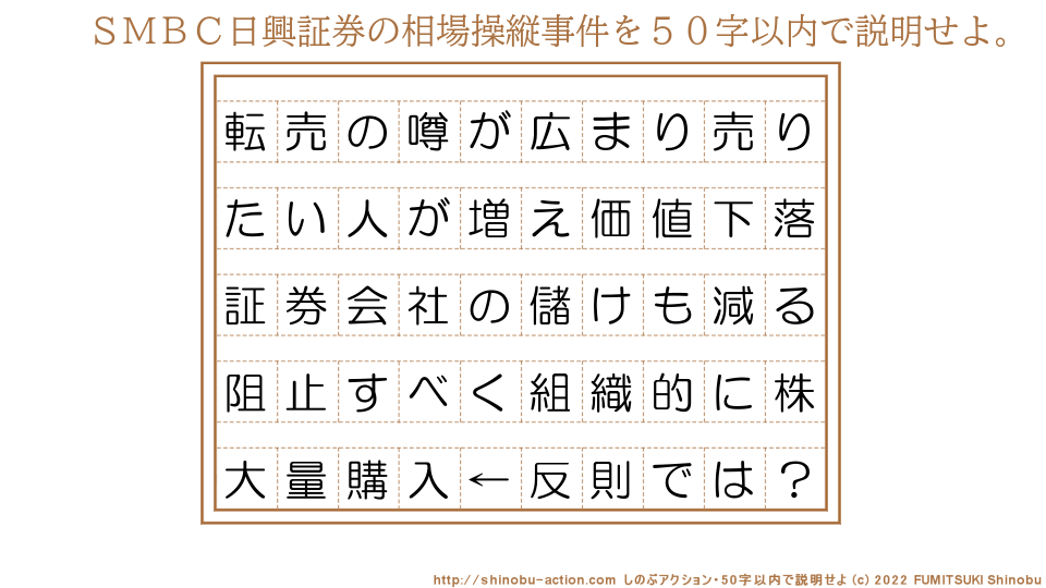 「ＳＭＢＣ日興証券の相場操縦事件」を５０字以内で説明せよ。【転売の噂が広まり売りたい人が増え価値下落証券会社の儲けも減る阻止すべく組織的に株大量購入←反則では？】５０字以内の要約名人 by 文月しのぶ FUMITSUKI Shinobu