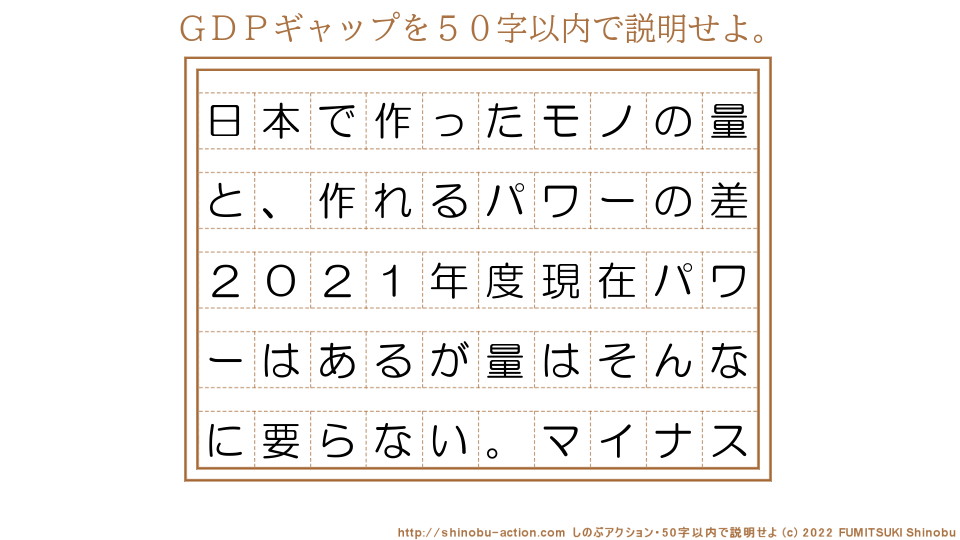 「ＧＤＰギャップ」を５０字以内で説明せよ。【日本で作ったモノの量と、作れるパワーの差２０２１年度現在パワーはあるが量はそんなに要らない。マイナス】５０字以内の要約名人 by 文月しのぶ FUMITSUKI Shinobu