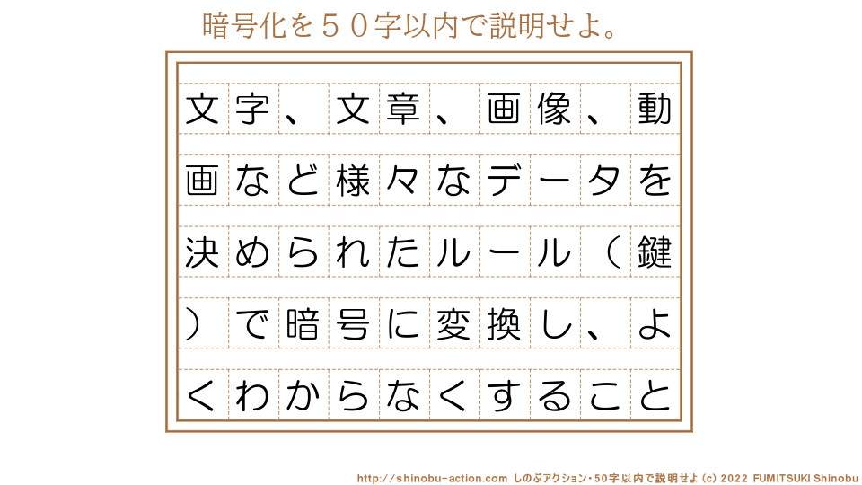 「暗号化」を５０字以内で説明せよ。【文字、文章、画像、動画など様々なデータを決められたルール（鍵）で暗号に変換し、よくわからなくすること】５０字以内の要約名人 by 文月しのぶ FUMITSUKI Shinobu