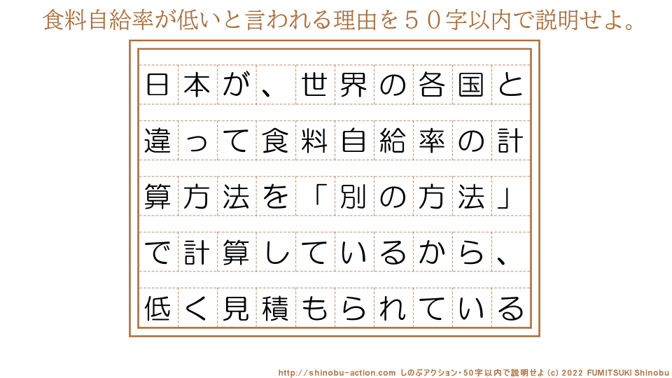 「食料自給率が低いと言われる理由」を５０字以内で説明せよ。【日本が、世界の各国と違って食料自給率の計算方法を「別の方法」で計算しているから、低く見積もられている】５０字以内の要約名人 by 文月しのぶ FUMITSUKI Shinobu