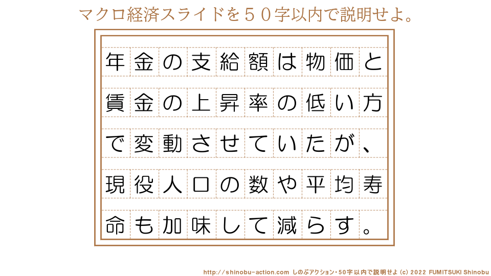 「マクロ経済スライド」を５０字以内で説明せよ。【年金の支給額は物価と賃金の上昇率の低い方で変動させていたが、現役人口の数や平均寿命も加味して減らす。】５０字以内の要約名人 by 文月しのぶ FUMITSUKI Shinobu