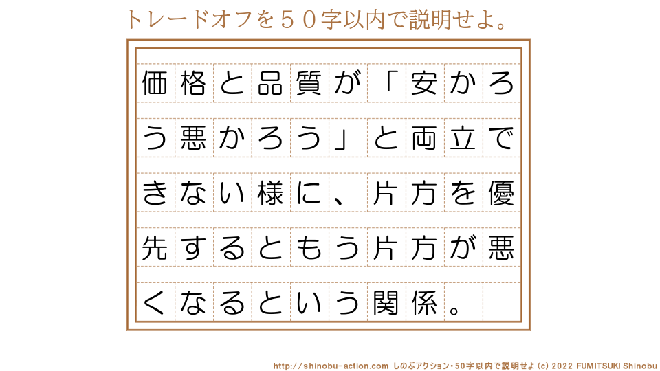 「トレードオフ」を５０字以内で説明せよ。【価格と品質が「安かろう悪かろう」と両立できない様に、片方を優先するともう片方が悪くなるという関係。】５０字以内の要約名人 by 文月しのぶ FUMITSUKI Shinobu