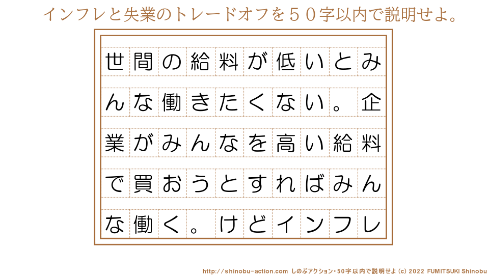 「インフレと失業のトレードオフ」を５０字以内で説明せよ。【世間の給料が低いとみんな働きたくない。企業がみんなを高い給料で買おうとすればみんな働く。けどインフレ】５０字以内の要約名人 by 文月しのぶ FUMITSUKI Shinobu