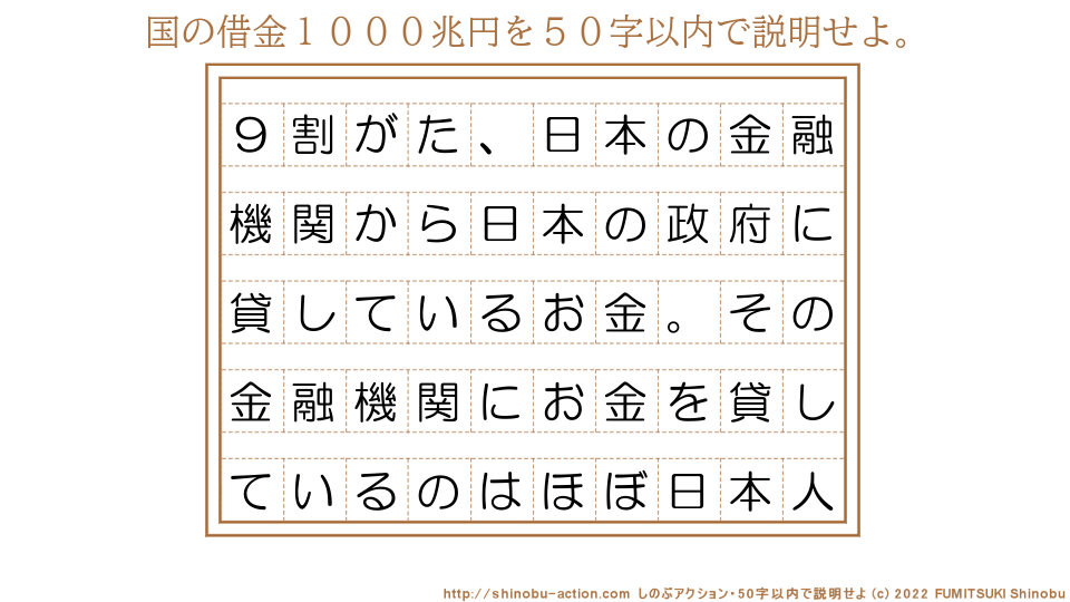 「国の借金１０００兆円」を５０字以内で説明せよ。【９割がた、日本の金融機関から日本の政府に貸しているお金。その金融機関にお金を貸しているのはほぼ日本人】５０字以内の要約名人 by 文月しのぶ FUMITSUKI Shinobu