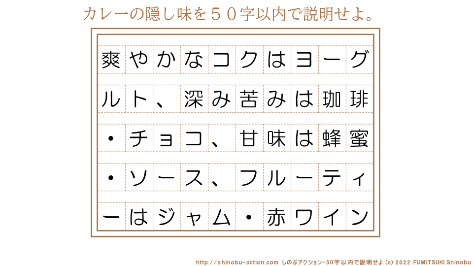 「カレーの隠し味」を５０字以内で説明せよ。【爽やかなコクはヨーグルト、深み苦みは珈琲・チョコ、甘味は蜂蜜・ソース、フルーティーはジャム・赤ワイン】５０字以内の要約名人 by 文月しのぶ FUMITSUKI Shinobu