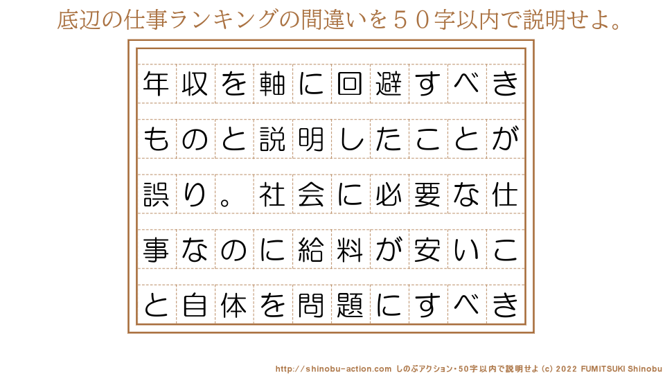 「底辺の仕事ランキングの間違い」を５０字以内で説明せよ。【年収を軸に回避すべきものと説明したことが誤り。社会に必要な仕事なのに給料が安いこと自体を問題にすべき】５０字以内の要約名人 by 文月しのぶ FUMITSUKI Shinobu